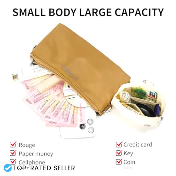 Nylon Crossbody Bag Waterproof Multi-Pocket Trendy Shoulder Purse Wide Strap - Picture 4 of 6